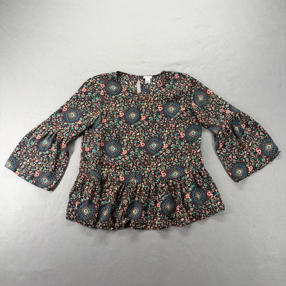 J.Crew Peplum Blouse Womens Small Navy‎ Floral Bell Sleeve Medallion H5386